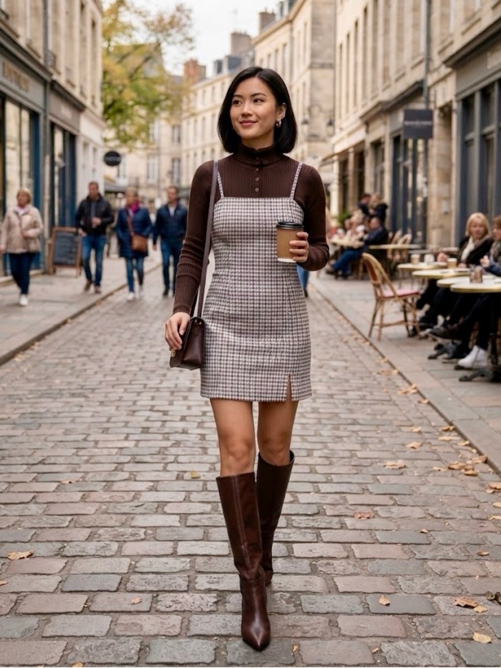 Brown, White and Grey Houndstooth Print Knit Dress